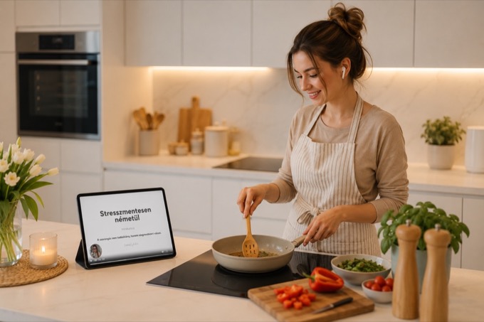 Némettanulás tableten főzés közben, otthon